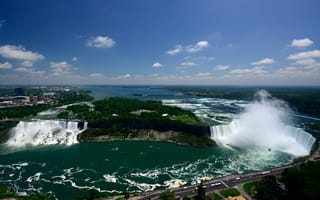 Картинка Ниагарский водопад, вода, Ниагара-Фолс, брызги, набережная, город, Канада, облака, небо