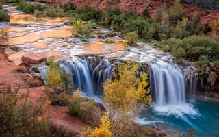 Картинка США, водопад, Arizona, кусты, Havasupai, ручей, камни, Grand Canyon