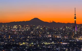 Картинка ночь, Итикава, башня, Япония, Фудзияма, огни, панорама, гора