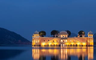 Картинка горы, озеро, дворец, Индия, Jal Mahal Palace, Man Sagar Lake, Джайпур, огни