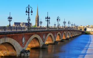 Картинка река, Франция, солнечно, Bordeaux, мост, фонари, башня