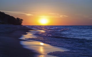 Картинка Indiana Dunes National Lakeshore, озеро Мичиган, Индиана, Indiana, закат, Lake Michigan, побережье, солнце, пляж