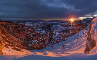 Картинка солнце, закат, скалы, снег