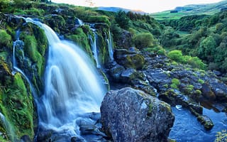 Картинка камни, Loup of Fintry, зелень, кусты, водопад, Шотландия