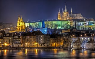 Обои Czech, мост, prague, город, Прага, дома, republce, ночь, архитектура, Чехия, night, река