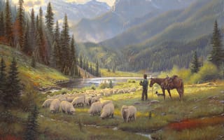 Картинка Горы, конь, лес, пастух, собака, овцы, свет, река, небо