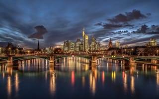 Обои облака, дома, Франкфурт-на-Майне, мост, Германия, ночь, огни