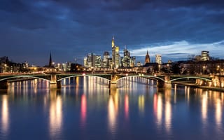 Обои Frankfurt, река, огни, дома, мост, Германия, фонари, ночь