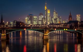 Обои Frankfurt, Германия, река, фонари, мост, ночь, огни, дома