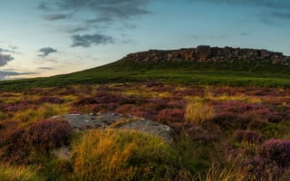 Картинка Peak District National Park, холм, вечер, лаванда, трава, камни, равнина, Великобритания
