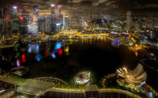 Картинка ночь, HDR, Сингапур, небоскребы, здания, огни