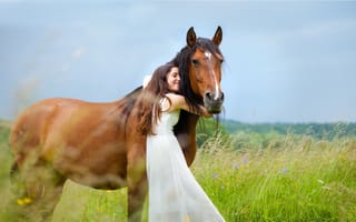 Картинка девушка, конь, природа