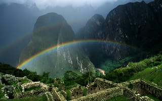Обои пейзаж, горы, радуга, природа, руины, greenery, rainbow, landscape, 1920x1080, nature, зелень, mountains, ruins