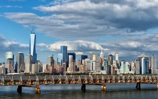 Картинка Ellis Island Bridge, Upper Bay, New York City, Manhattan, Верхняя Нью-Йоркская бухта, мост, Манхэттен, Нью-Йорк, здания, панорама