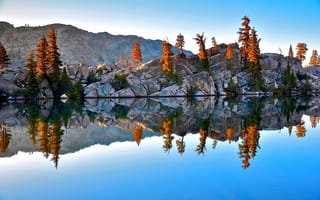 Картинка осень, деревья, озеро, отражение, скалы