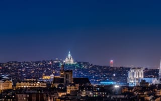 Картинка ночь, Франция, дома, огни, Париж, город, панорама