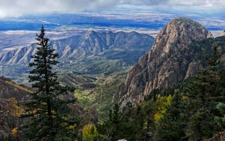 Картинка деревья, New Mexico, долина, скалы, Bernalillo, поля, панорама, горы, США