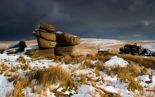 Картинка снег, Англия, камни, холмы