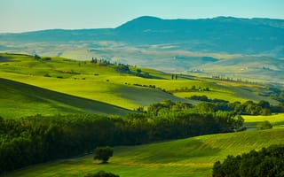 Картинка зелень, трава, панорама, Италия, поля, Tuscany hills, луга, деревья, горы, Тоскана