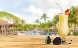 Картинка море, palms, cocktail, пляж, beach, summer, коктейль, drink, vacation, tropical, paradise, пальмы, sea