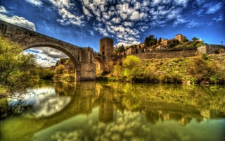 Картинка вода, Toledo, река, отражение, Испания, HDR, дома, мост, облака