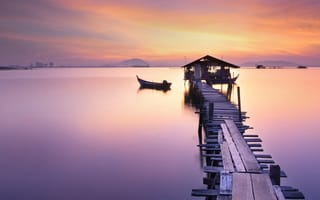 Картинка sea, sunset, canoe, dock