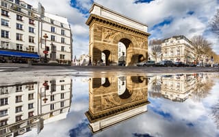 Картинка отражение, Париж, дома, Франция, Сен-Мартен, ворота, арка