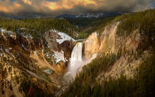 Картинка Lower Falls, лес, водопад, Wyoming, национальный парк, Yellowstone Canyon, Canyon Junction, USА, каньон