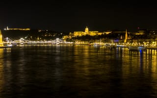 Картинка ночь, панорама, парламент, огни, Будапешт, Дунай, река, Венгрия