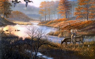Картинка Arthur G. Anderson, озеро, утки, живопись, Duck Pond Woodies, пруд, осень, заморозки, олени