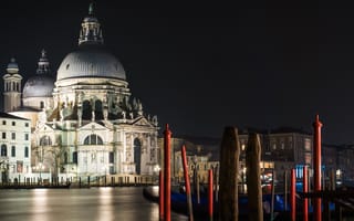 Картинка ночь, собор, Венеция, Италия, огни, канал
