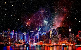 Картинка Нью-Йорк, здания, небоскребы, ночь, звезды