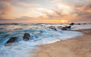 Картинка Figueira Da Foz, песок, камни, рассвет, берег, Portugal, море