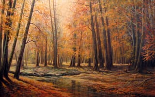 Картинка Autumn, Trees, River, Leaves