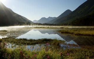 Картинка Аляска, дымка, рассвет, утро, горы, озеро