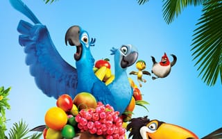 Картинка мультфильм, рафаэль, рио, жемчужинка, фрукты, птицы, попугай, голубчик, тукан
