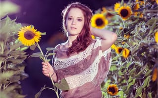 Картинка девушка, цветы, подсолнухи