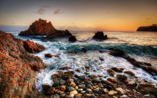 Картинка закат, скалы, природа, море, камни