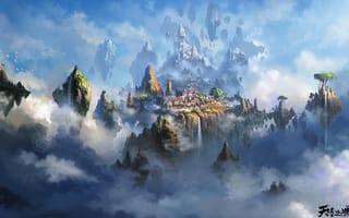 Картинка арт, пейзаж, летающие скалы, Liang xing, здания, облака, высота, горы