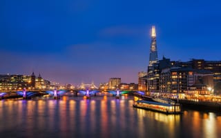 Картинка ночь, мост, река, Лондон, огни, Англия, башня