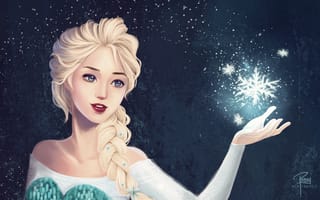 Картинка Snow Queen Elsa, волосы, девушка, косичка, арт, взгляд, рука, Walt Disney, снежинки, лицо