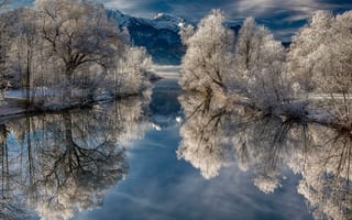 Картинка природа, деревья, озеро, зима, снег, отражение