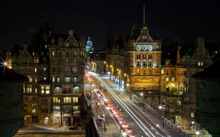 Картинка Edinburgh, дома, выдержка, свет, город, фонари, дороги, Северный мост, здания, ночь, North Bridge, Эдинбург, огни, Шотландия, Scotland