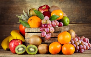 Картинка фрукты, ящик, ьананы, мандарины, киви, яблоки, апельсины, виноград