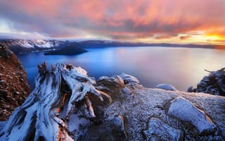 Картинка горы, озеро, Oregon, USA, рассвет, Crater Lake, кратер
