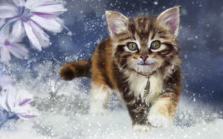 Обои живопись, арт, взгляд, ушки, котенок, снег