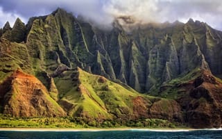Картинка остров, облака, Гаваи, океан, берег, природа