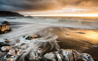 Картинка Rockaway Beach, рассвет, пляж, Pacifica, камни, песок, CA, US