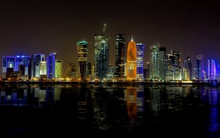 Обои Doha, Катар, Qatar, залив, небоскребы, город, ночь, Доха, здания, огни, подсветка