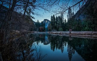 Картинка горы, зима, сумерки, река, Yosemite National Park, отражение, природа